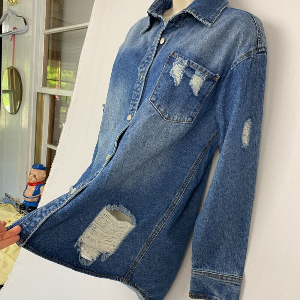 Veveret Denim Jacket Women Small Distressed Shirt Chore Coat Western Cabincore - Picture 3 of 11